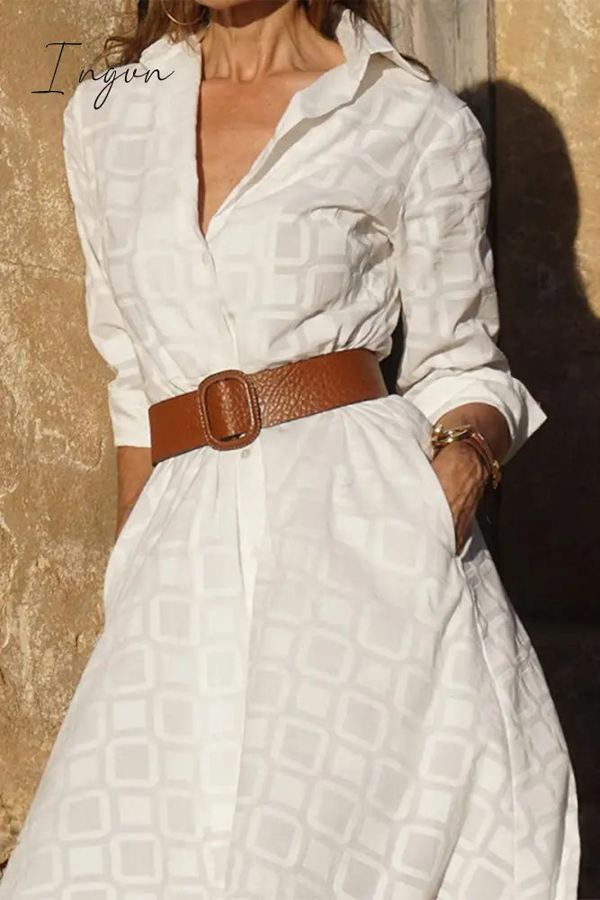 Ingvn - Elegant Geometric Pocket Printing Turndown Collar A Line Dresses