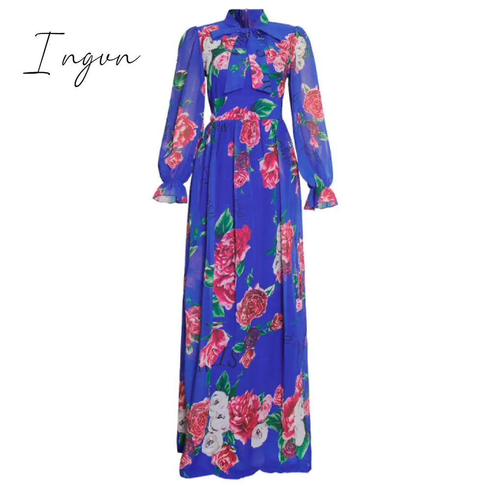 Ingvn - African Chiffon Dresses For Women New Fashion Dashiki Print Ankara Maxi Dress Long Sleeve Elegant Gowns Wedding Party