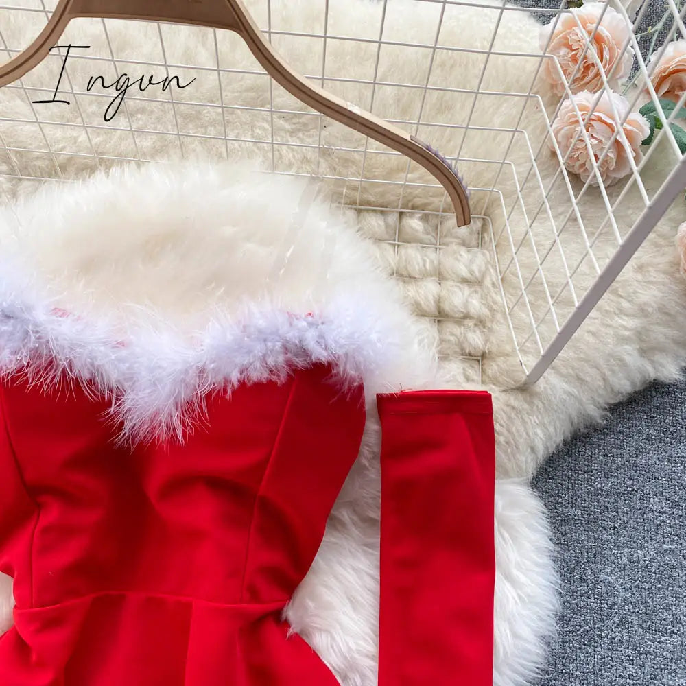 Ingvn - Gifts For Women Elegant Dress For New Year Strapless Backless Furry Sexy Short Mini Christmas Dress Navidad Red Party Dress Femme