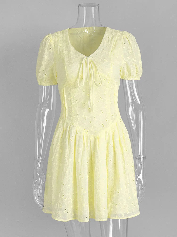 Trendix Yellow Elegant Dress Women Summer Sexy Deep V Neck Lace Up Short Sleeve Dresses Street Casual Vacation Ruffle Mini Dress