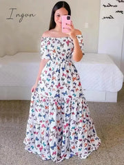 Ingvn - Women's 2023 Butterfly Summer Dress Tube Top Short Sleeve Ruffle Hem A Line Date Night Robes Vacation Bohemian Maxi Dresses XXXL