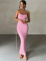 Spaghetti Strap Backless Ruched Maxi Dress For Women Robe Sleeveless Wrap Hip Bodycon Party Long Dress Vestidos