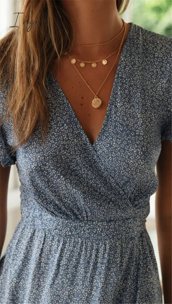 Ingvn - Fashion Trends Red dot Print Boho Long Chiffon Summer Beach Midi Dress Women Floral V-Neck Folds Ruffles Wrap Dresses Casual Split  vestidos