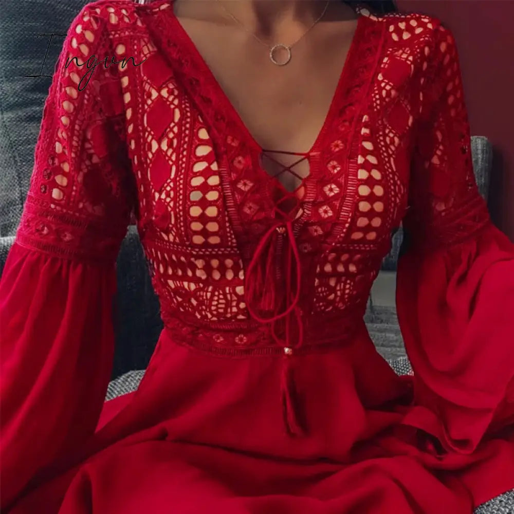 Ingvn - Sexy Crochet Lace V-Neck Mini Dress Summer Flare Sleeve Chiffon Beach Sundress Elegant Women Dress Party Sexi
