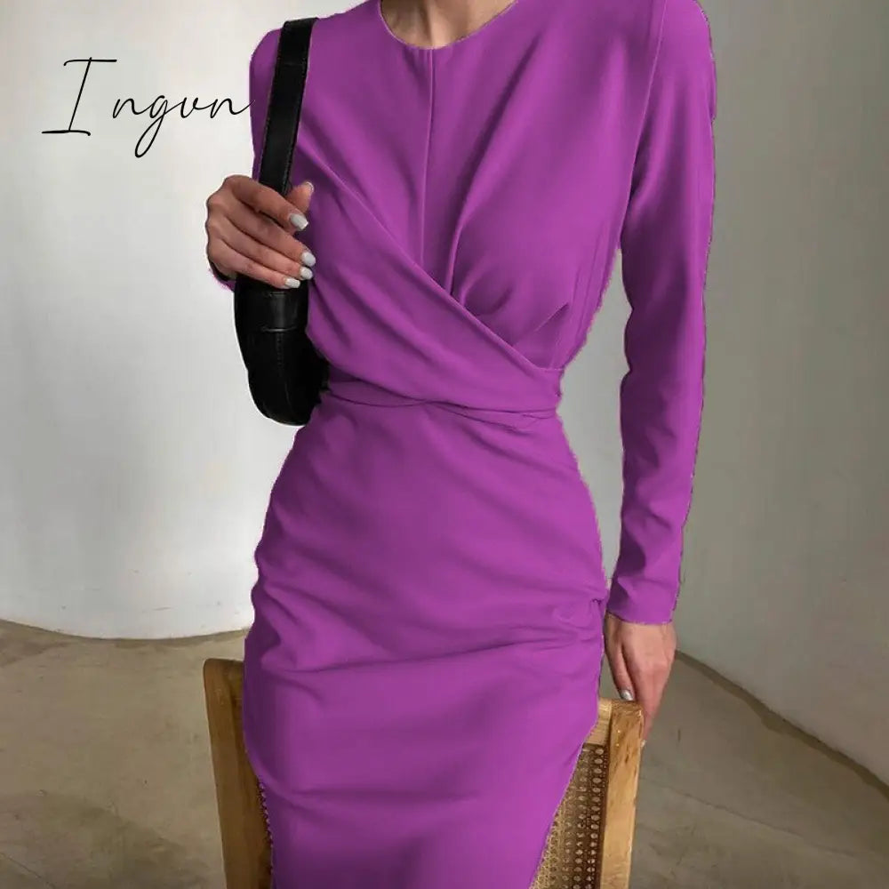Ingvn - Autumn Elegant Women's French Dress Fashion Long Sleeves Casual Solid Color Dresses New High Waist Office Ladeis Party Vestidos