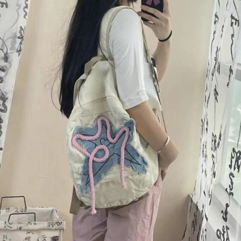 Ingvn  Women Y2K Exquisite Sweet Fresh Panelled Handle Satchel Denim Student Preppy Style Literary Backpacks Star Canvas Shoulder Bags