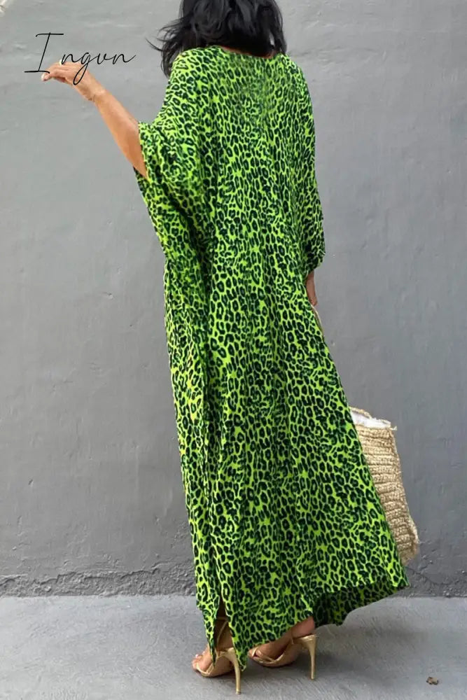 Ingvn - Vintage Vacation Print Leopard Slit Swimwears Cover Up