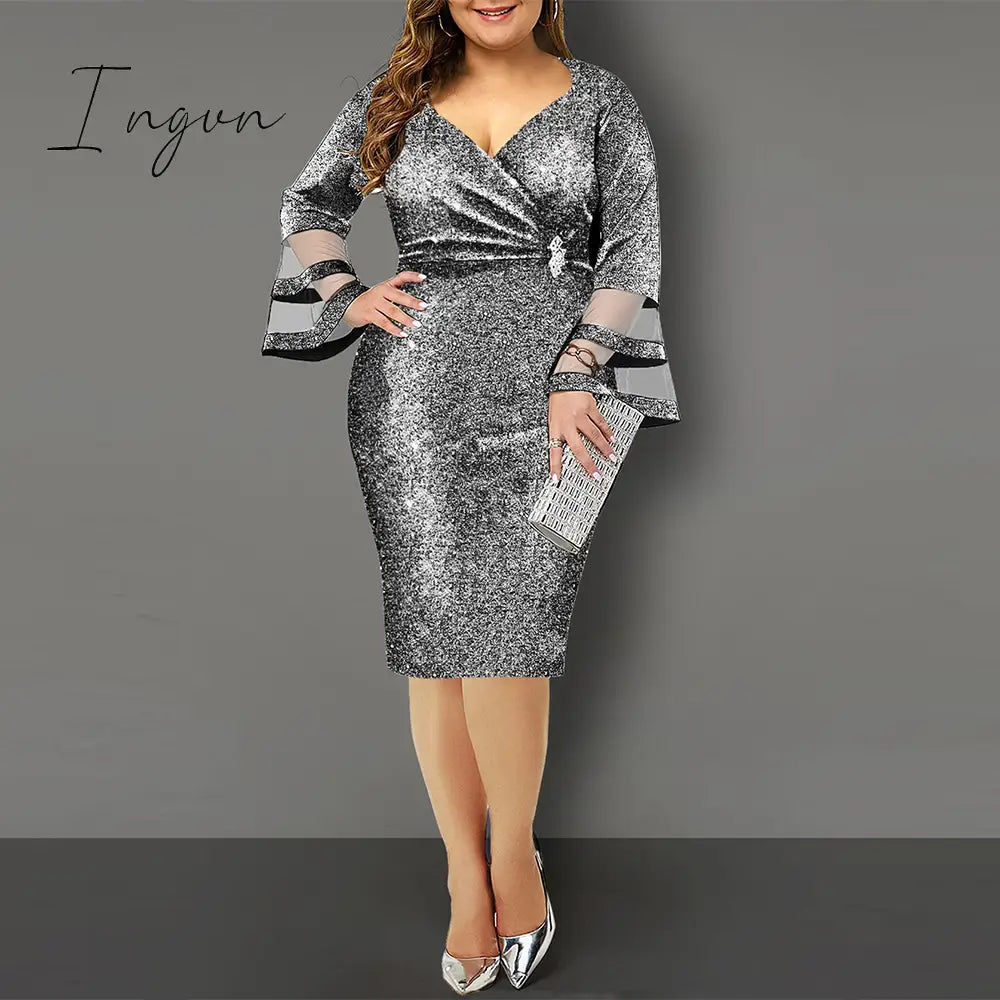 Ingvn - Plus Size Women Dresses Autumn Elegant Bright Silk Wedding Evening Birthday Party Dress V Neck Mesh Sleeve Club Outfits 8XL