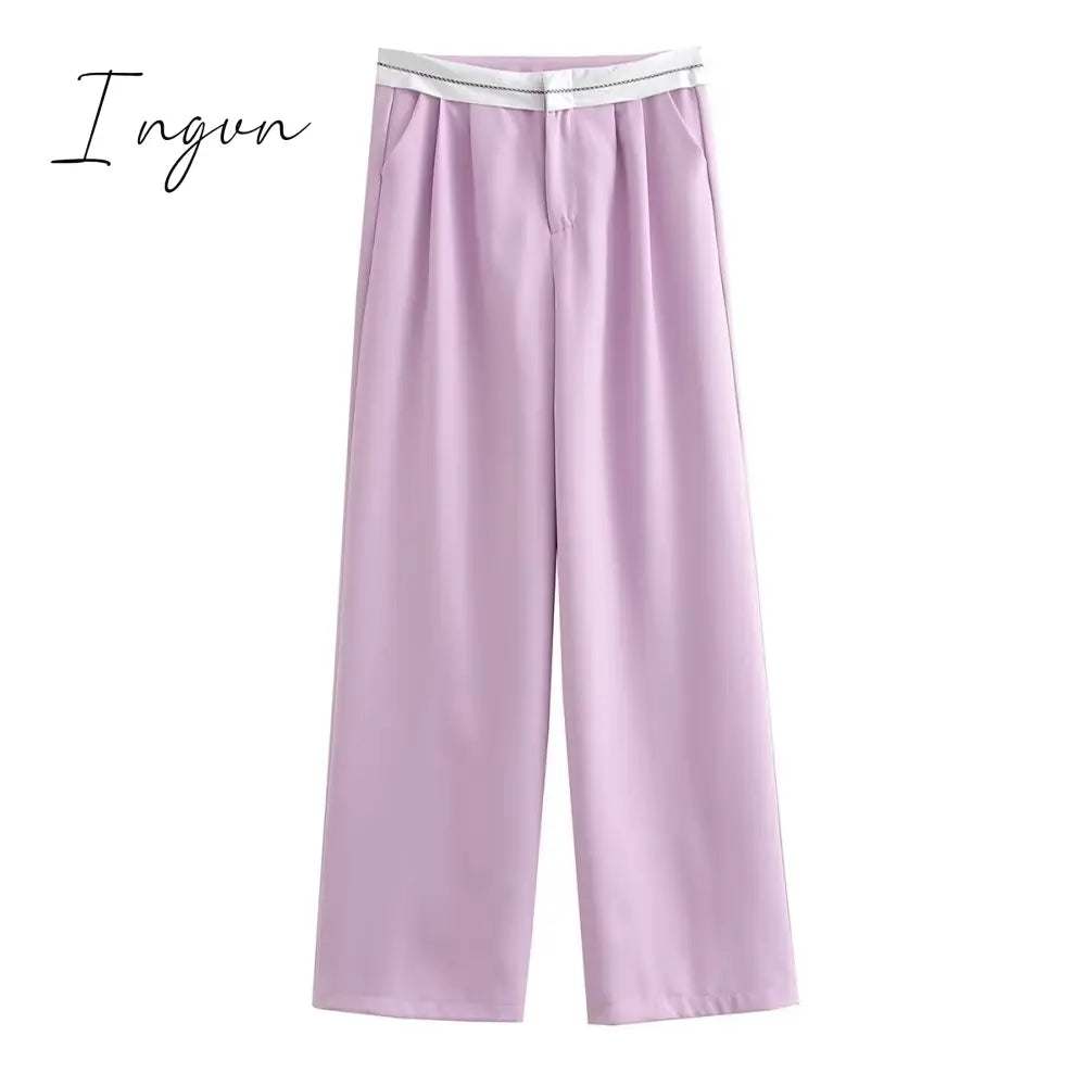 Ingvn - 2023 Women Fashion Side Pockets Patchwork Straight Pants Vintage High Waist Zipper Fly Female Casual Trousers Mujer