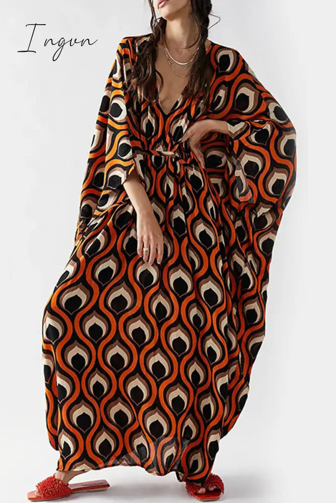 Ingvn - Vintage Vacation Geometric Print Contrast Swimwears Cover Up