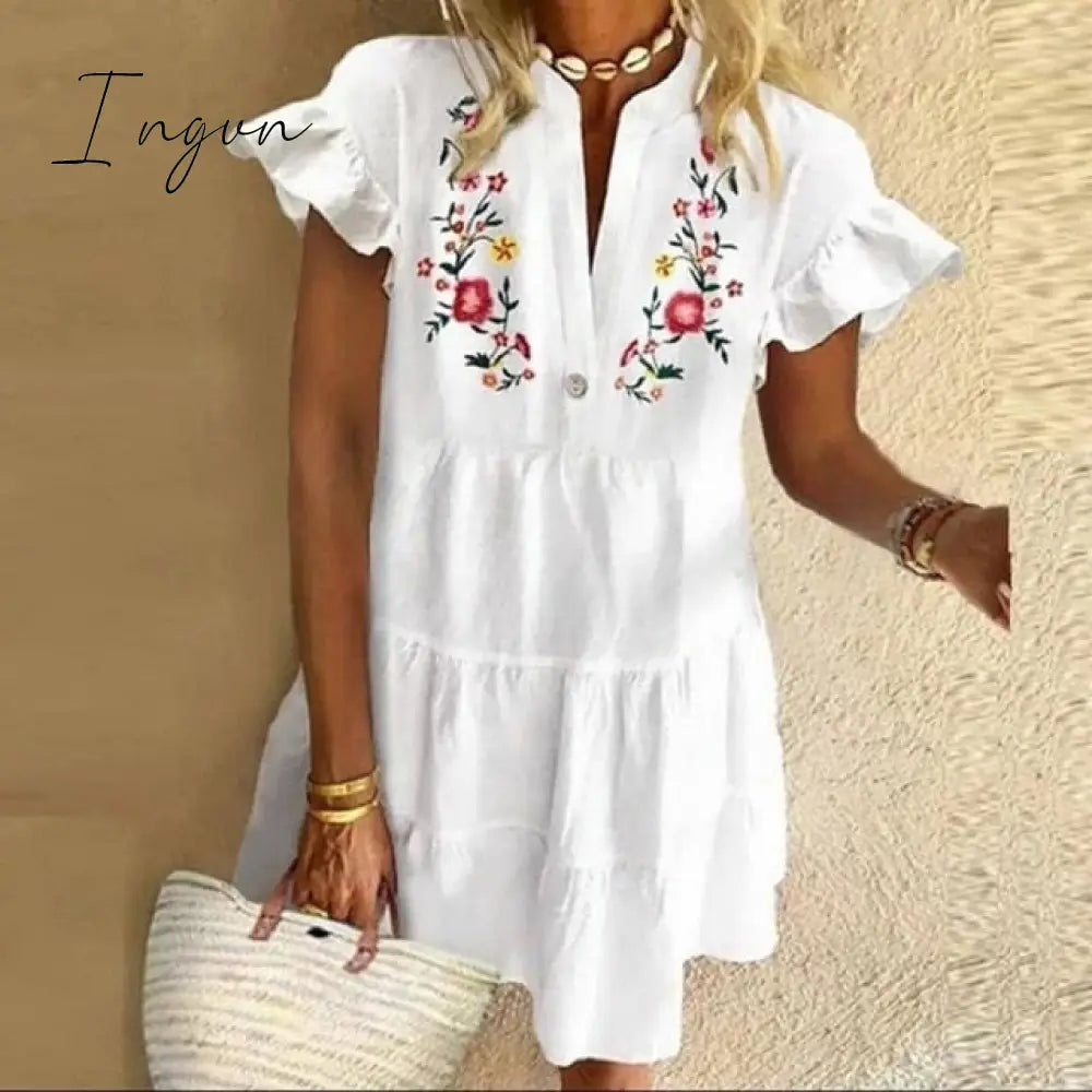 Ingvn - Plus Size 5XL Floral Print Boho Dress Women Tassle Sleeved White Mini A-Lline Dress Autumn New Sweet Bohemian Loose Dresses