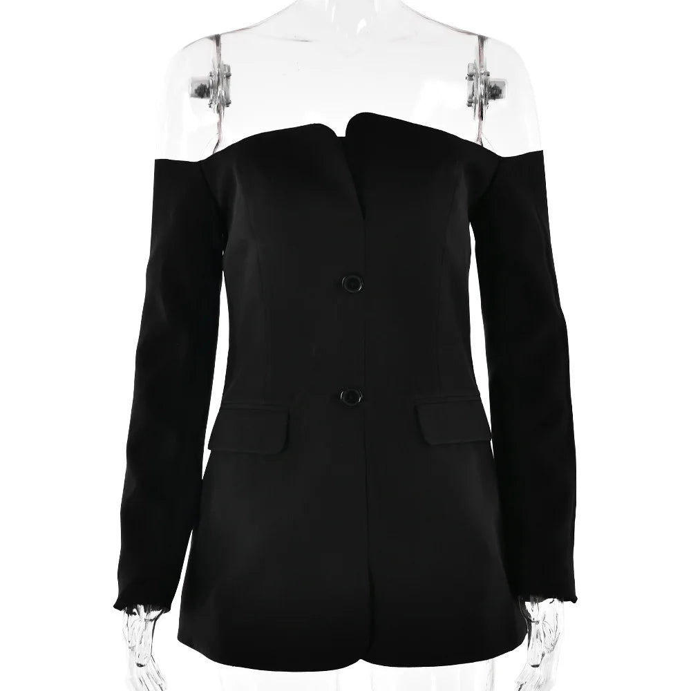 Ingvn  Fashion Slash Neck Long Sleeve Mini Party Dress Women's Elegant Chic Single Breasted Slim Short Blazer Dresses High Street
