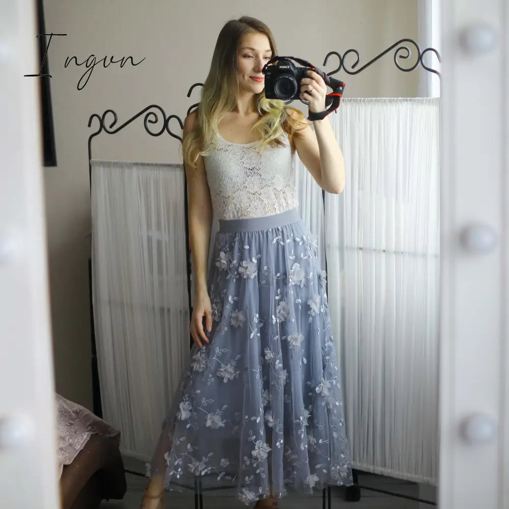 Ingvn - Luxury Woman Skirts Korean style Fashion Elastic Waist Appliques Embroidery Floral Mesh Skirt Long Gauze Ball Gown Skirt