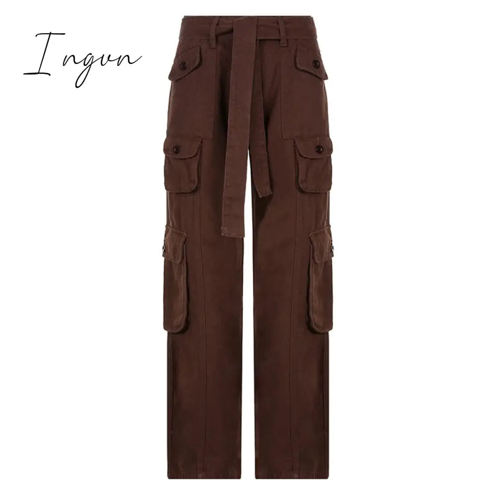 Ingvn - Fashion Women's Jeans Y2K High Street Waist Denim Trousers Drawstring Waist Flap Pocket  Baggy Jeans Loose Women's Classic Pants