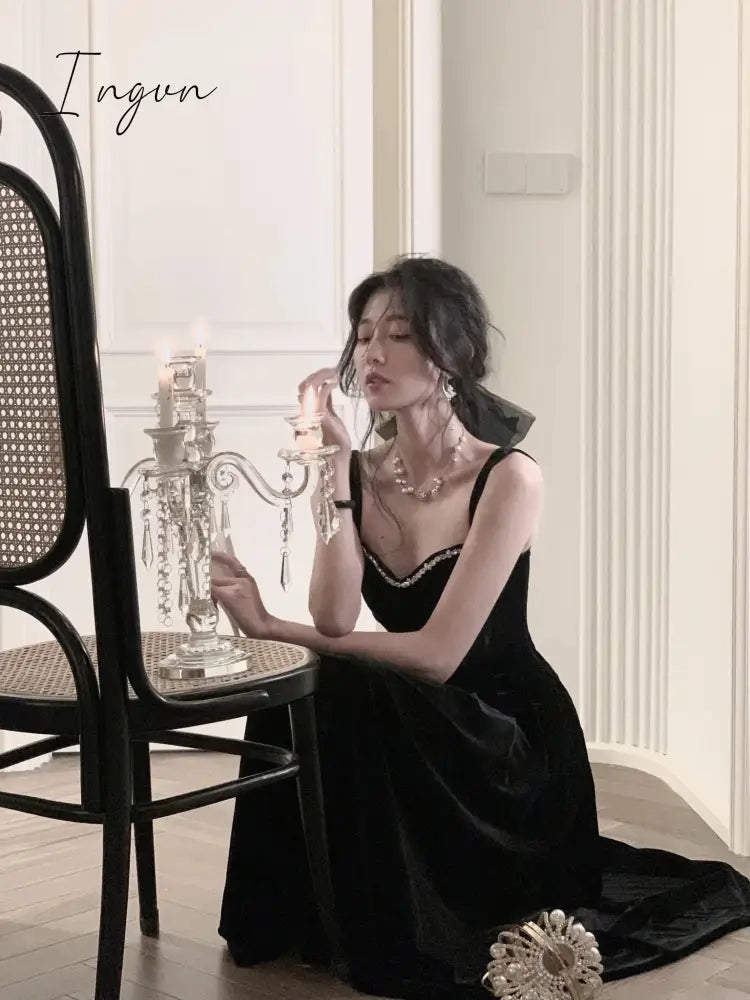 Ingvn - Summer New Elegant Spaghetti Strap Velvet Vintage Black Dress Women Sexy Prom Evening Party Fashion Clothing