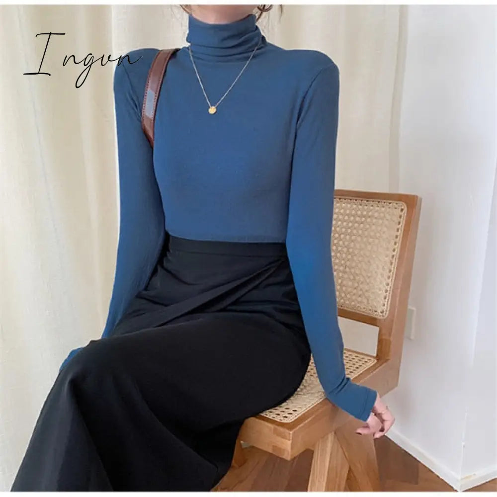 Ingvn - Autumn Women Pullover Tops Female Knitted Sweaters Solid Concise Turtleneck Elasticity Elegant Office Lady Casual All Match