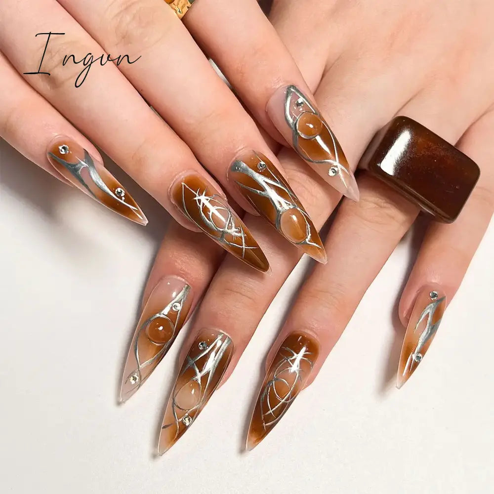 24Pcs 3D Long Almond False Nails Red Nude Ballet Stiletto Wearable Fake Nails MilkTea Color Jelly Full Cover Press On Nail Tips