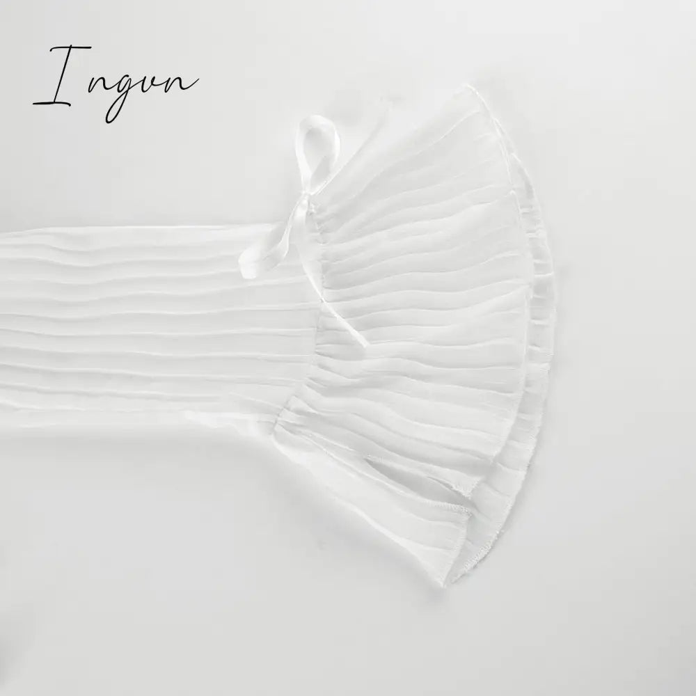 Ingvn - Hot Sell Vintage White Folds Cute Y2K Shirts Women Elegant Fashion Flared Sleeve Button Tops See Through Sexy Mesh Girl Tees
