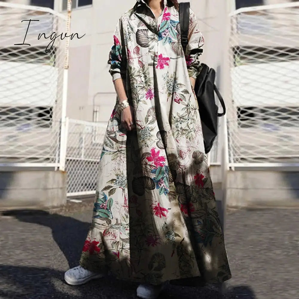 Ingvn - Summer Stylish Women Vintage Long Sleeve Loose Sundress Casual Long Maxi Dress Kaftan Femme Solid Party Vestido Robe