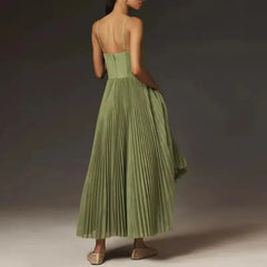 New Spring Summer Solid Pleated Dresses Women Sexy Strapless Hollow A-Line Long Dress Casual Sleeveless Backless Zip Sling Dress
