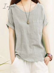 Ingvn - Green Loose Cotton Linen Blouse Oversize 5XL Blouses Women 2023 Summer Shirts Casual Short Sleeve O Neck Solid Shirt Lady Tops