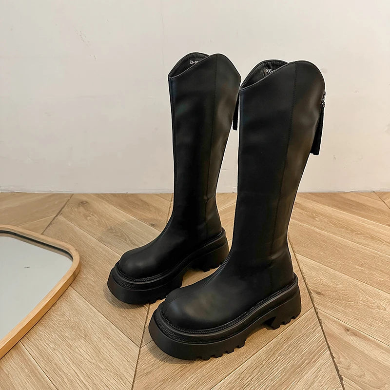 Ingvn  Vintage Platform Women Knee High Boots Fashion Back Zippers Shoes Autumn Winter Thick Heel Ladies Knight Long Booties