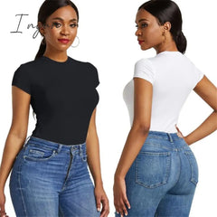 Ingvn - Sexy One Piece Bodycon Bodysuit Short Sleeve O Neck Open Basic White Black Red Overalls Women Body Top Skinny Rompers Female
