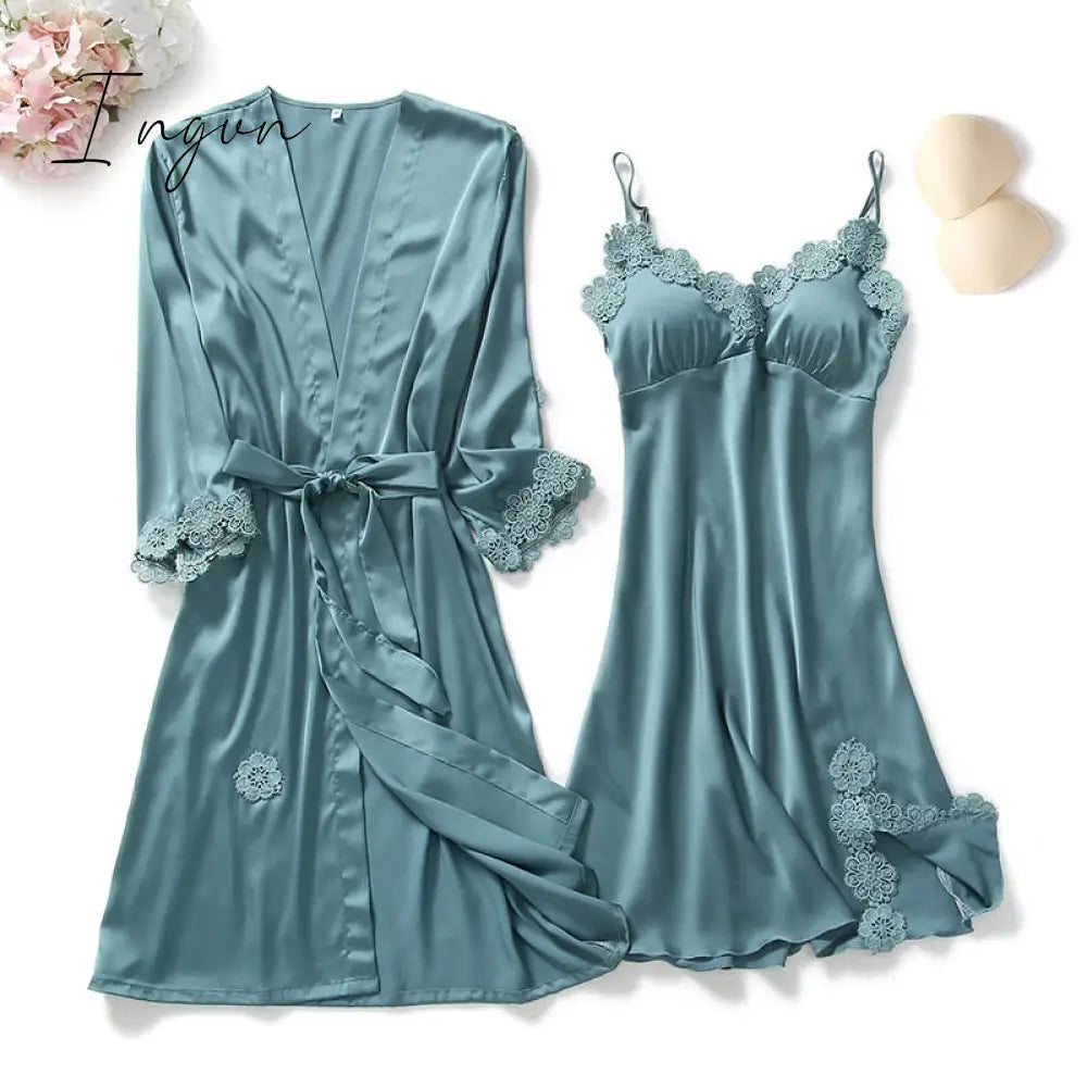 Ingvn - Yellow Robes Suit Autumn Women Nightgown Sets 2 Pieces Nightdress Bathrobe With Chest Pad Female Satin Kimono Bath Gown Sleepwea