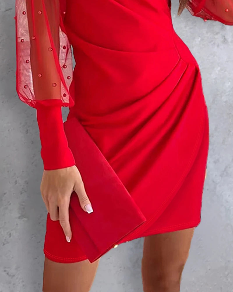 Beaded Mesh Long Sleeve Dress V-Neck Ruched Mini Cocktail Party Dress
