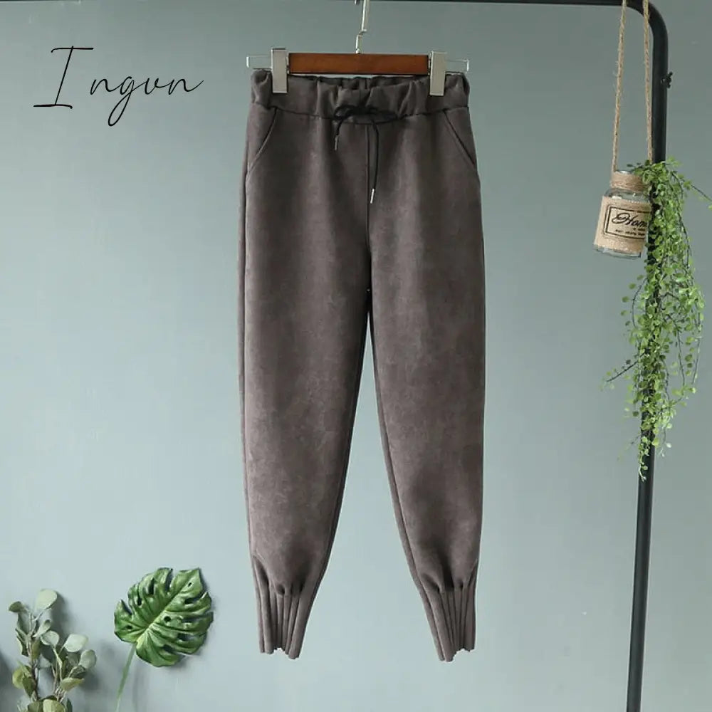 Ingvn - Casual Autumn Winter Women Pants Korean Elastic High Waist Pockets Suede Harem Pants Trousers Women Pantalon Femme