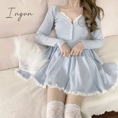 Ingvn - Top quality Sweet Dresses for Women Summer Lace Trim V-Neck Long Sleeve A-line Mini Dress Lolita Style Y2k Fashion Kawaii Girls Outfits