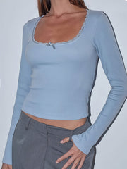 Solid Lace Trim T-Shirt, Casual Long Sleeve Top For Spring & Fall, Women's Clothing