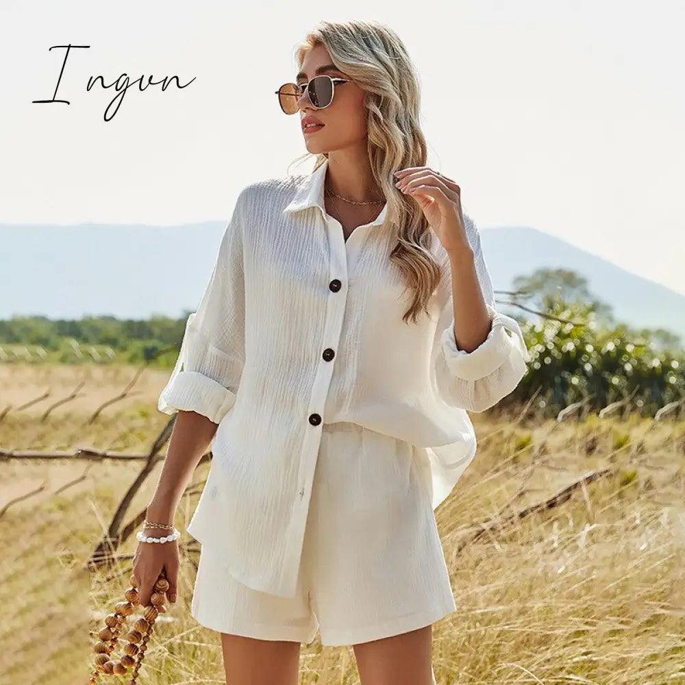 Ingvn - 2023 New Summer Casual Button Rose Red Women's Sets Cotton Two Pieces Sets Women Long Sleeve White Shirt and Shorts Set Outfits