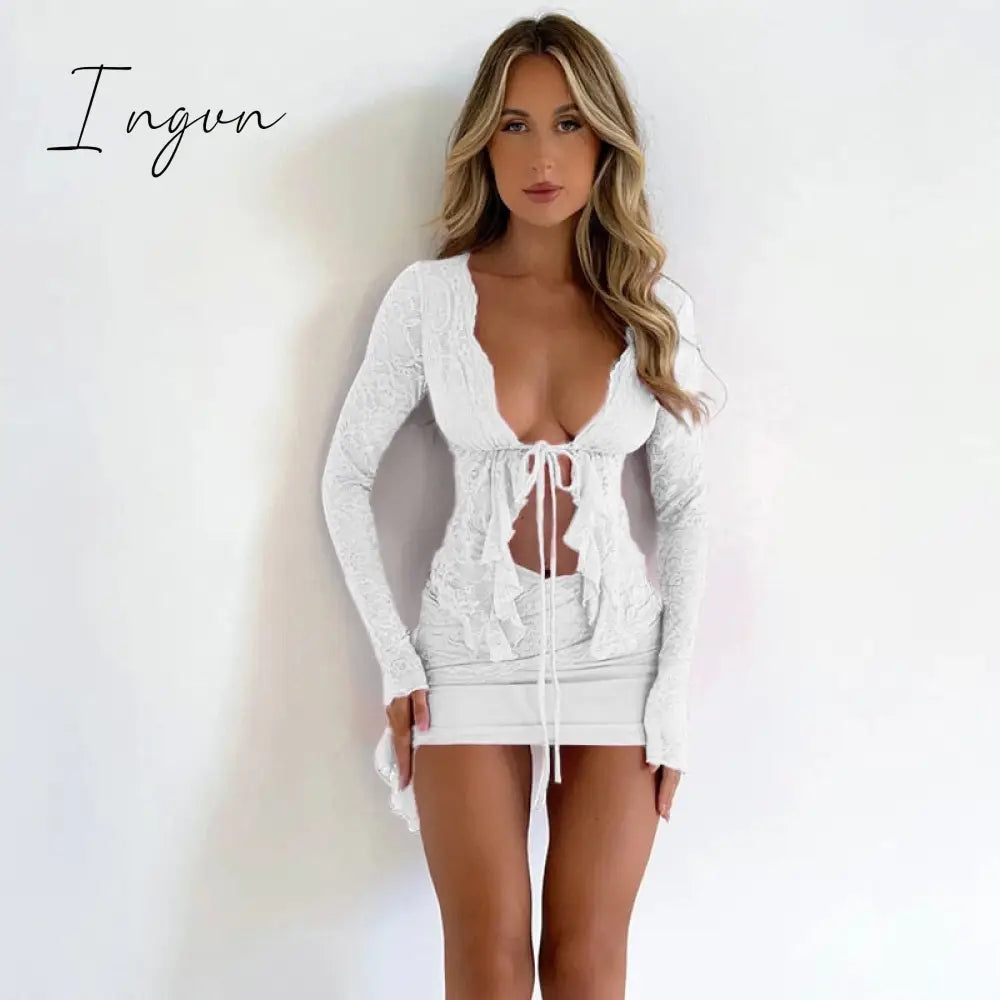 Ingvn - Hollow Out Lace Sexy Dress Set Women Long Sleeve T-shirt And Mini Skirt Sets Lace-up Irregular Party Two Piece Set