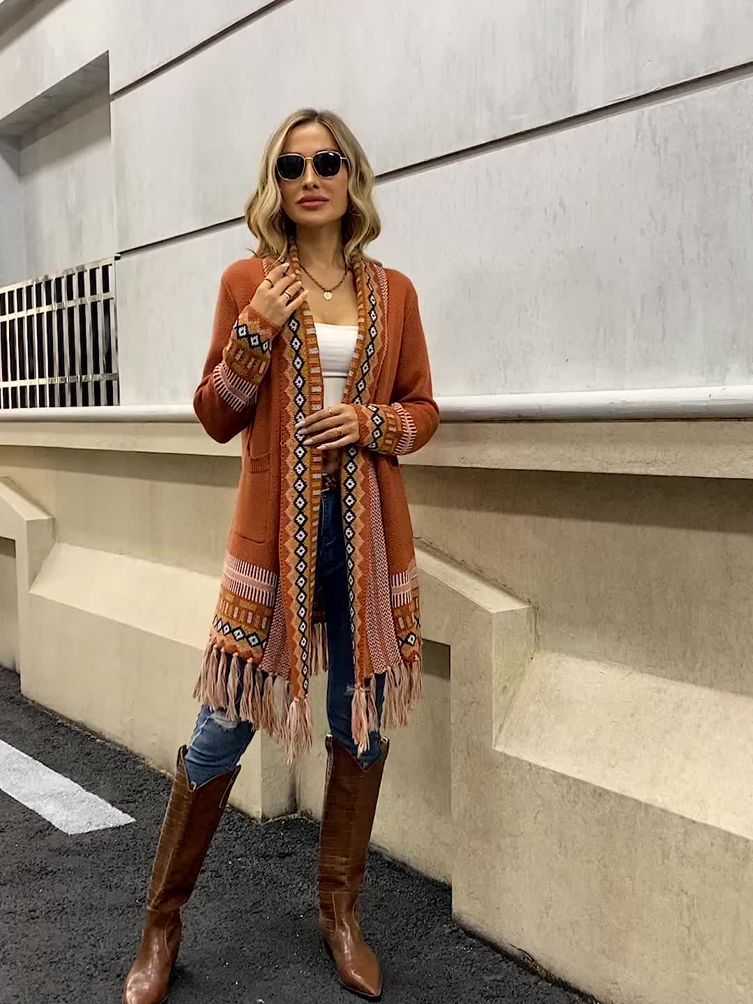 Vibrant Geo Pattern Tassel Hem Cardigan - Long Sleeve, Retro Ethic Style, Soft and Cozy, Perfect for Fall and Winter, Women's Fashion Clothing for Chic and Confident Ladies