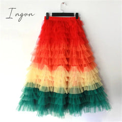 Ingvn - jupe femme Spring Party Skirt Elastic High Waist Long Tulle Skirt Women Multilayer ruffles Pink Mesh Tutu Skirt Ladies