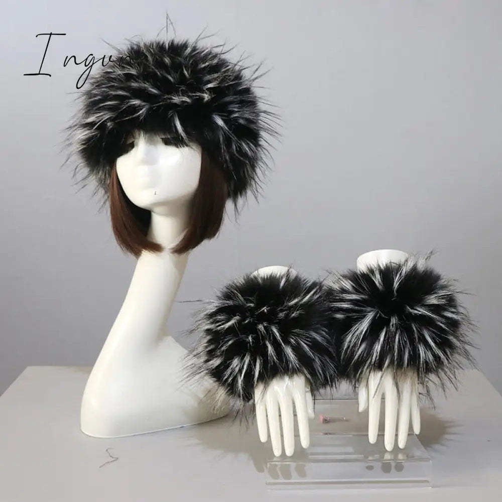 Ingvn - New Autumn Winter Caps Female Hats Cuffs Set Fashion Warmth Imitation Quality Design Faux Fur Hat Fox Fur Sleeves Suit Accessary