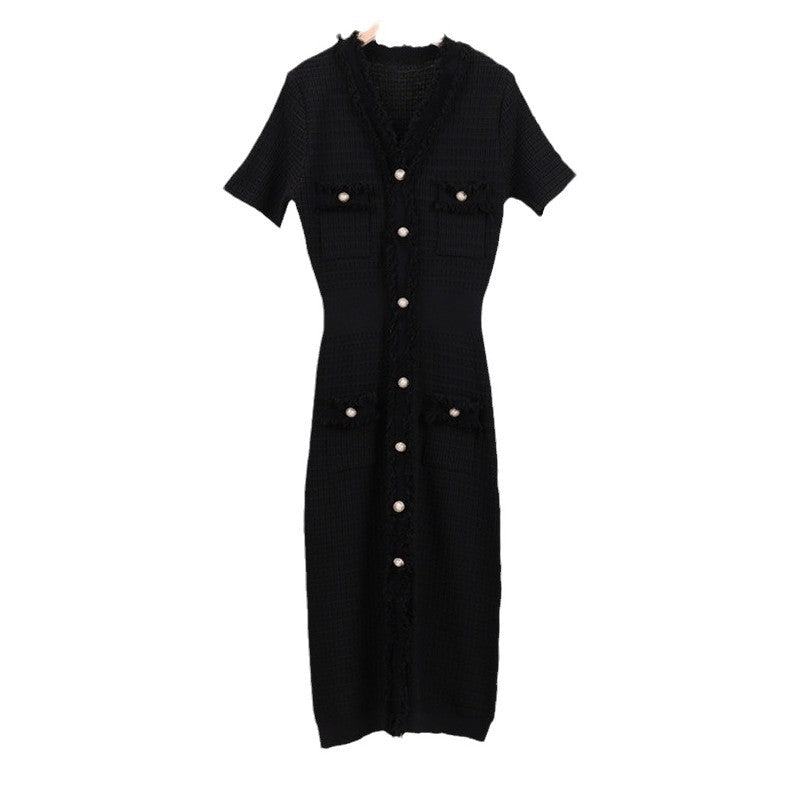 Summer French Style Gentle Style Tassel Knitted Short-sleeved Dress Women's V-neck Solid Color Elegant Slimming Mid-length Dress