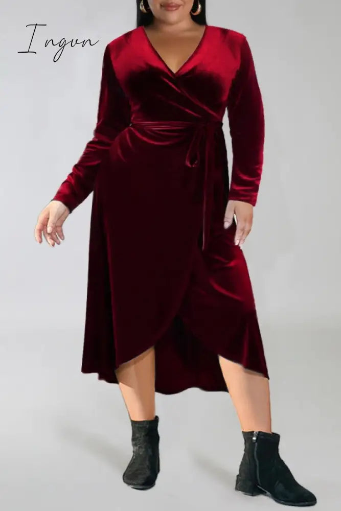 Ingvn - Burgundy Casual Solid Frenulum V Neck Long Sleeve Plus Size Dresses