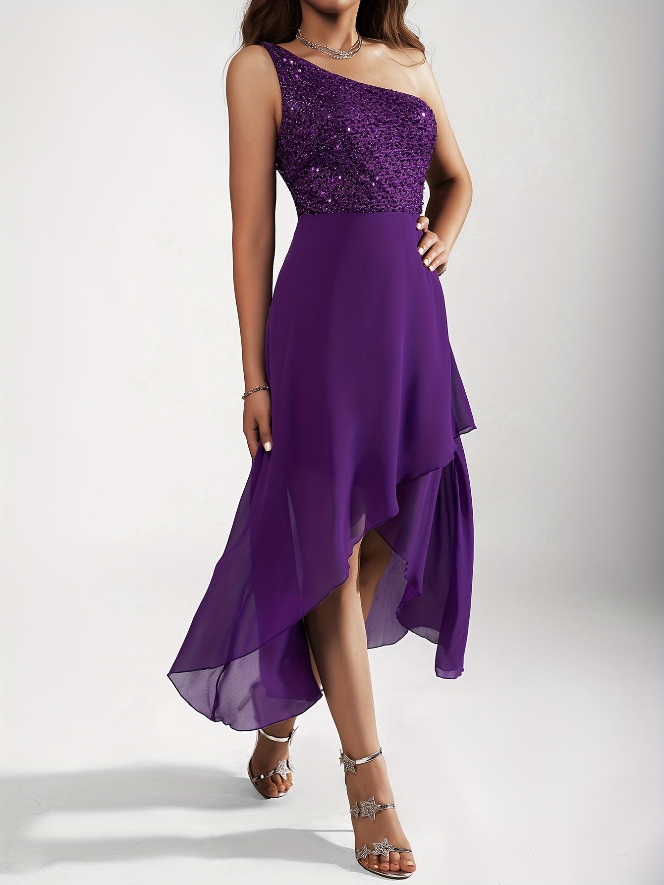 Sequin One-shoulder Tulip Dress, Elegant Sleeveless Dress For Party & Banquet, Women's Clothing