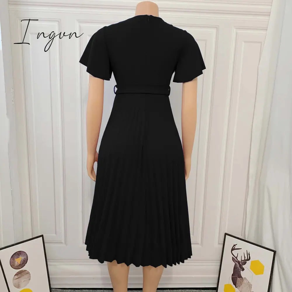 Ingvn - Women Pleated Dresses High Waist Short Sleeves A Line Modest African Office Ladies Work Wear Date Elegant Classy Robes Vestidos