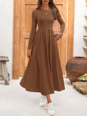Ladies Casual Long Sleeve Wedding Guest Dress Fall Dress Elegant Bohemian Style Flowing Mid-length Dress With Pockets