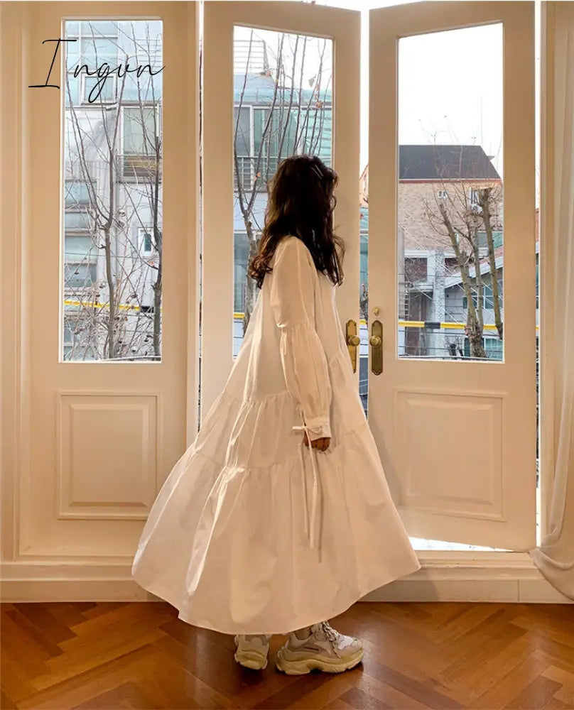 Ingvn - Women Dress Long Sleeve Spring Autumn Vintage Designer Collar Lapel Button Up Ruched Ruffles Cotton White Dresses Female Clothes