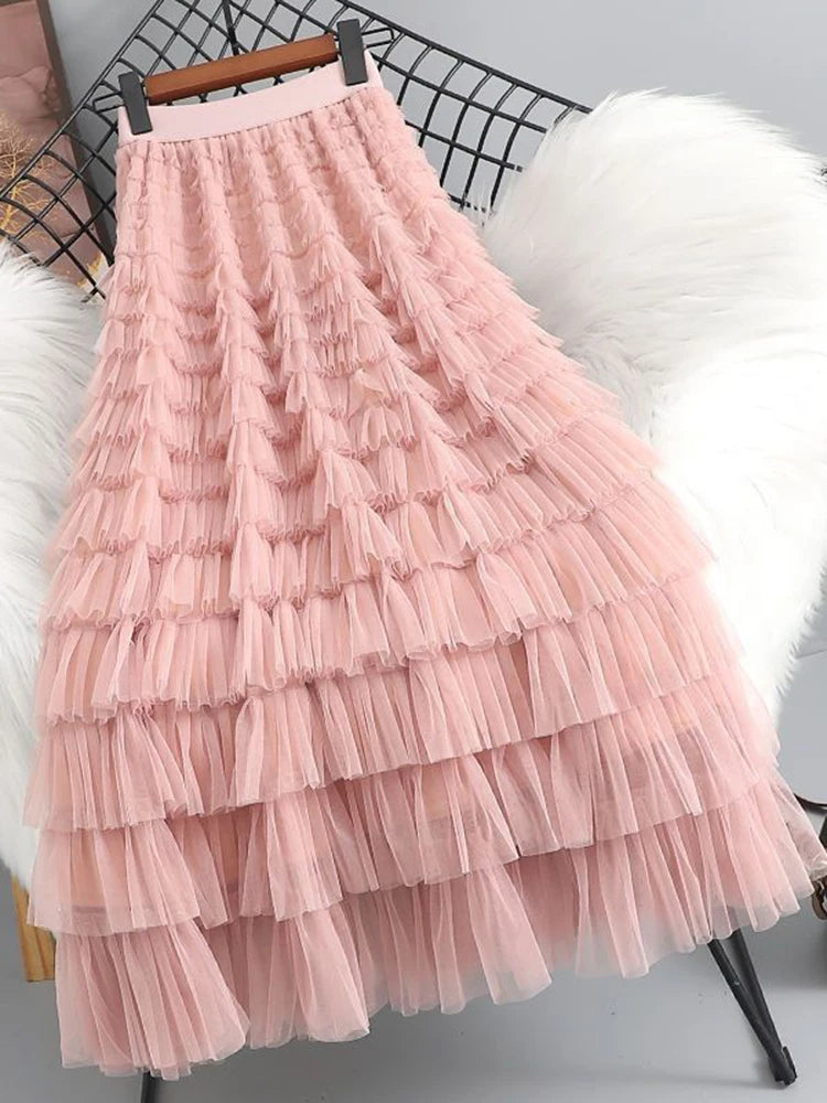 Summer Elegant Women Tulle Skirt Korean Fashion Mesh A Line Ladies Cake Skirt High Waist Loose Party Female Skirts New