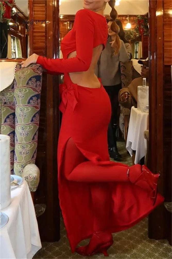 Ingvn - Sexy Solid Hollowed Out Slit With Bow O Neck Long Dress Dresses