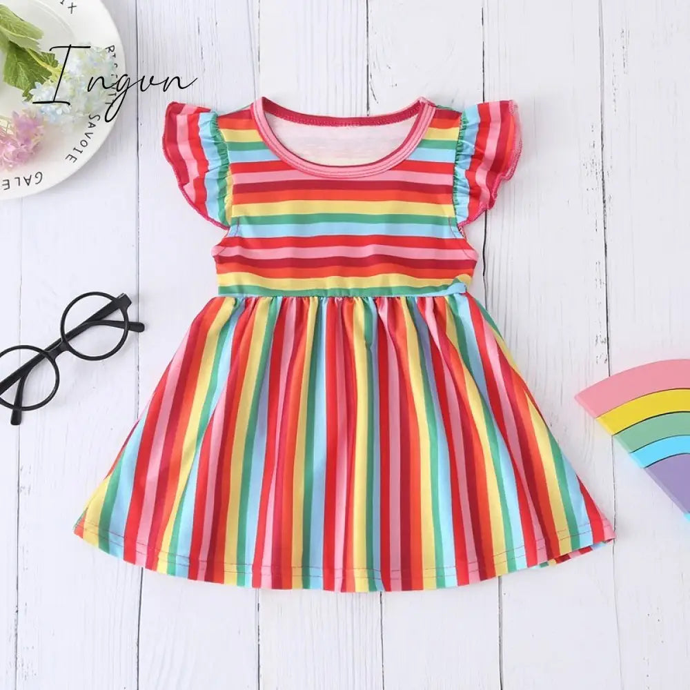 Ingvn - New Summer Baby Girls Tutu Dress Children Party Little Girl Kids Clothes Flying Sleeve Princess Rainbow Patchwork Outfits Dress