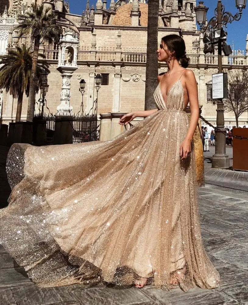 Ingvn - Sexy Spaghetti Strap Gold Sequin Metallic Dresses for Women Fashion Elegant Night Club Party Evening Maxi Dress Vestidos