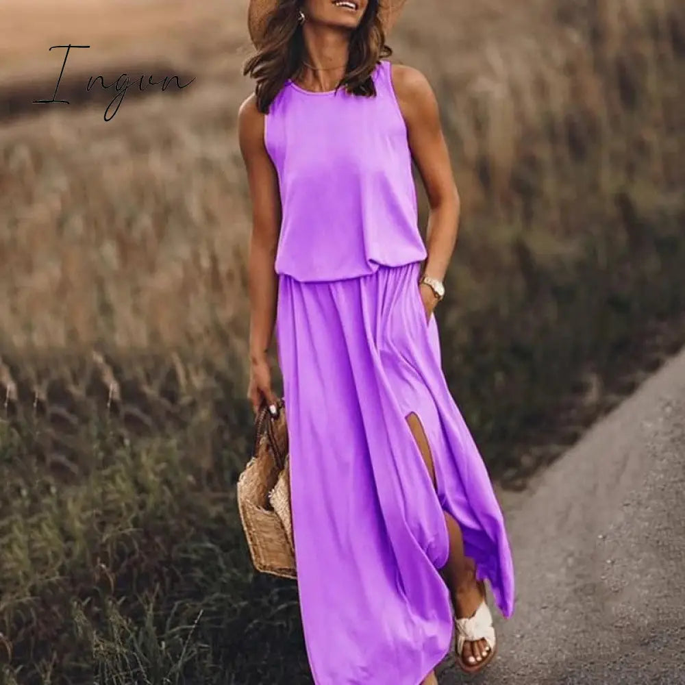 Ingvn - Summer New Oversized Casual Fashion Solid Slit Dress Ladies Sleeveless Loose Robe Dresses Women Round Neck Vestidos De Fiesta