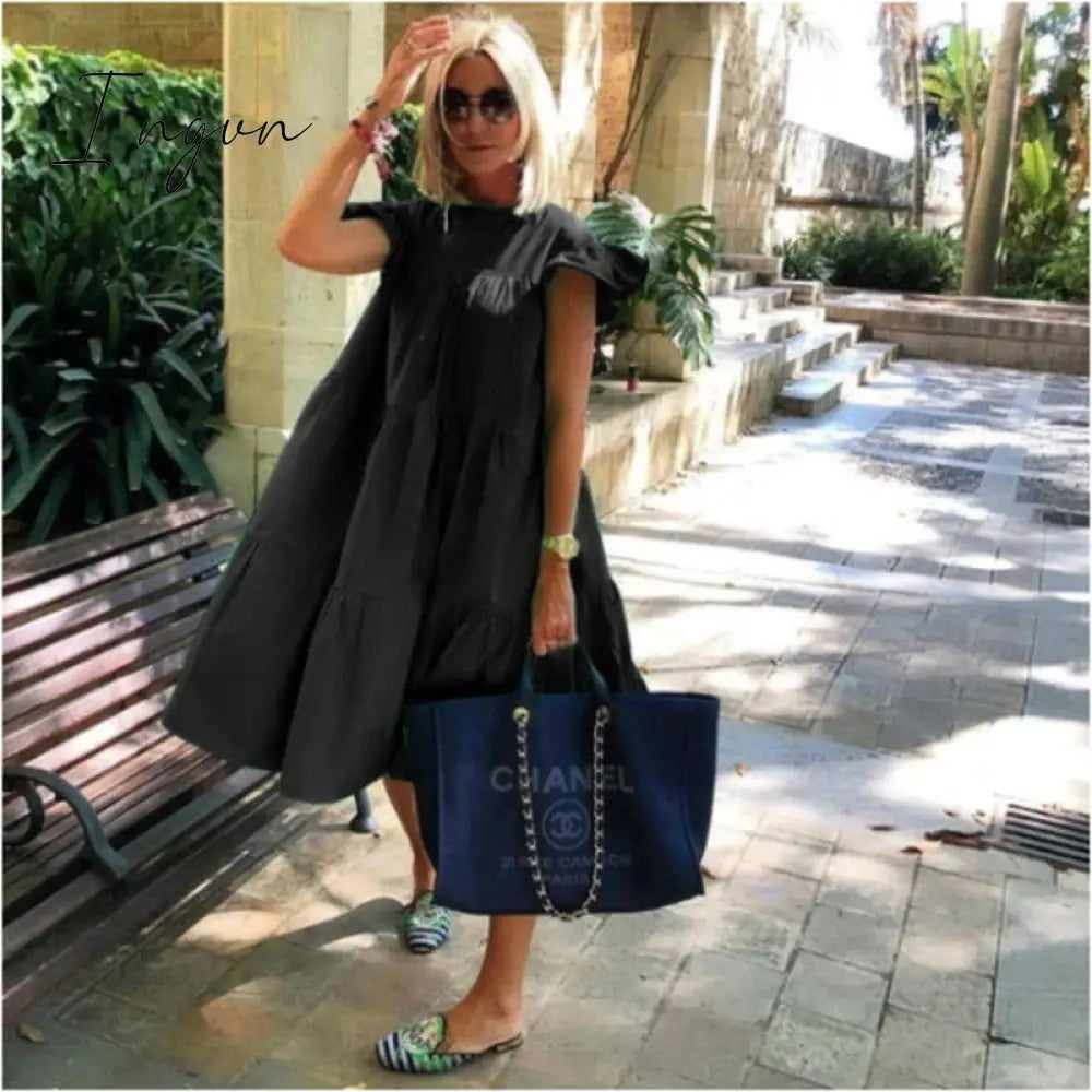 Ingvn - New Summer Solid Color Women Dress Short Sleeve Loose Chic Pleated Dress Beach Casual White Black Pink Dress Lady Vestidos