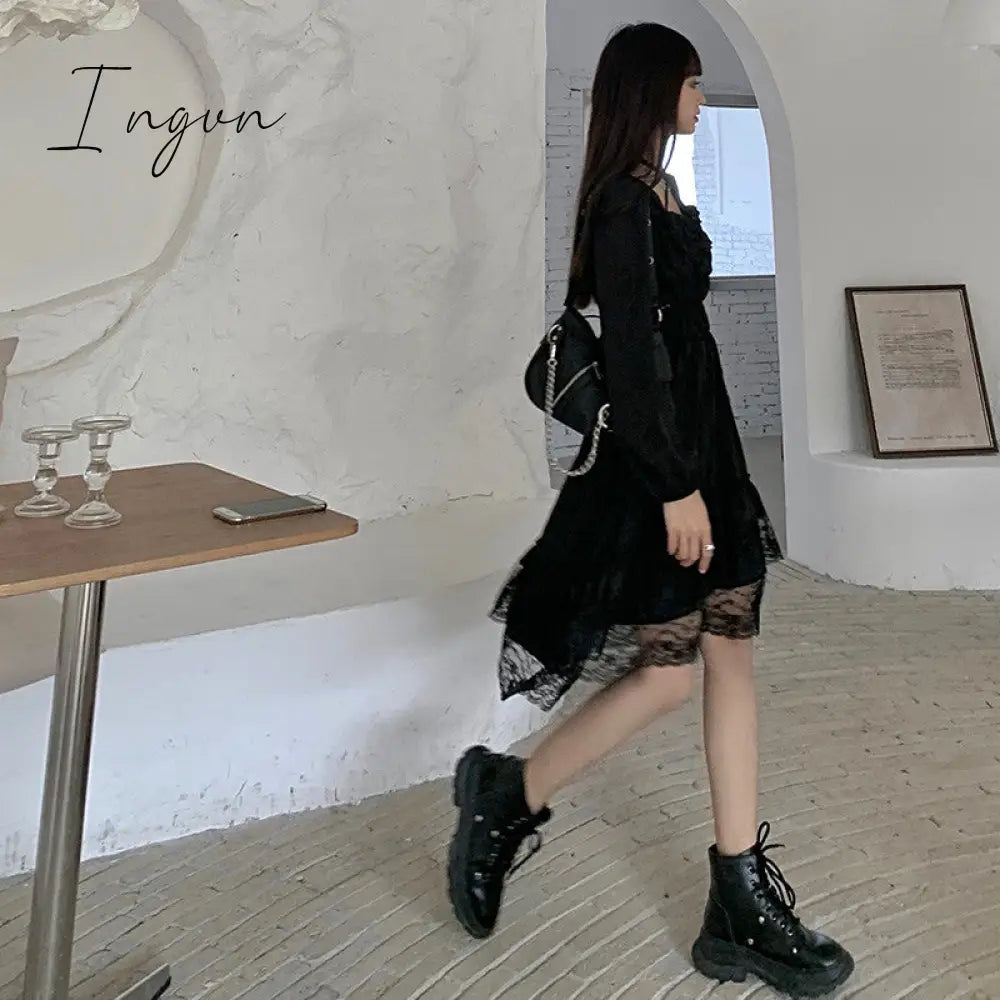 Ingvn - New Gothic Women Black Fairy Party Dress Cross Square Collar Lolita Princess Irregular Dress Cute Kawaii Lace Ruffles Chic Dress